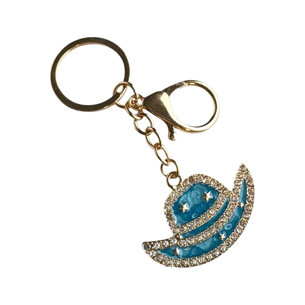 Gold Tone Blue Rhinestone Enamel Cowboy Hat Charm Key Chain 4" Western Accessory